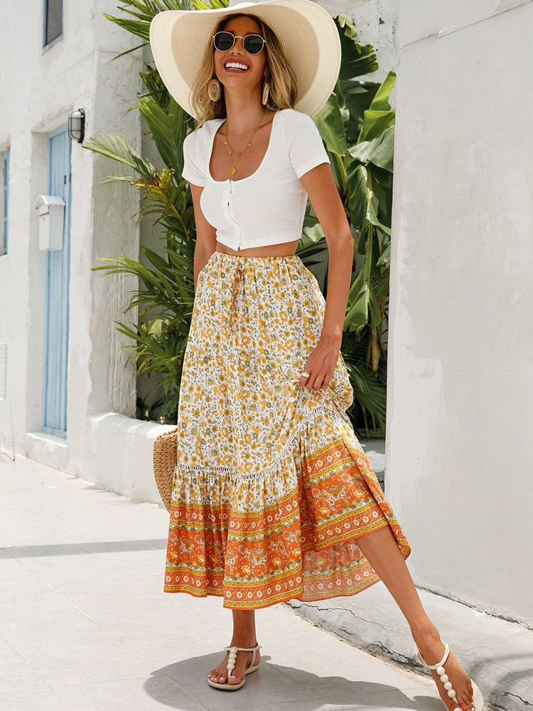 Boho Long Floral Printed Vintage Beach Holiday A Line Skirts