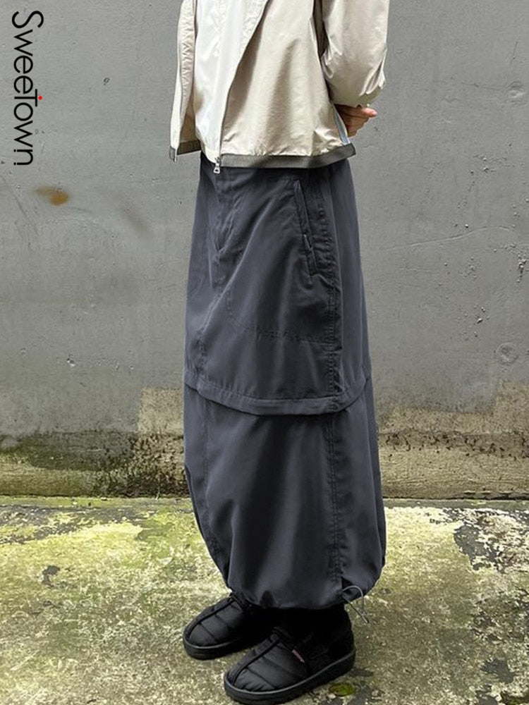 Gray Casual Baggy Loose Size Cargo Skirts Big Pockets Streetwear