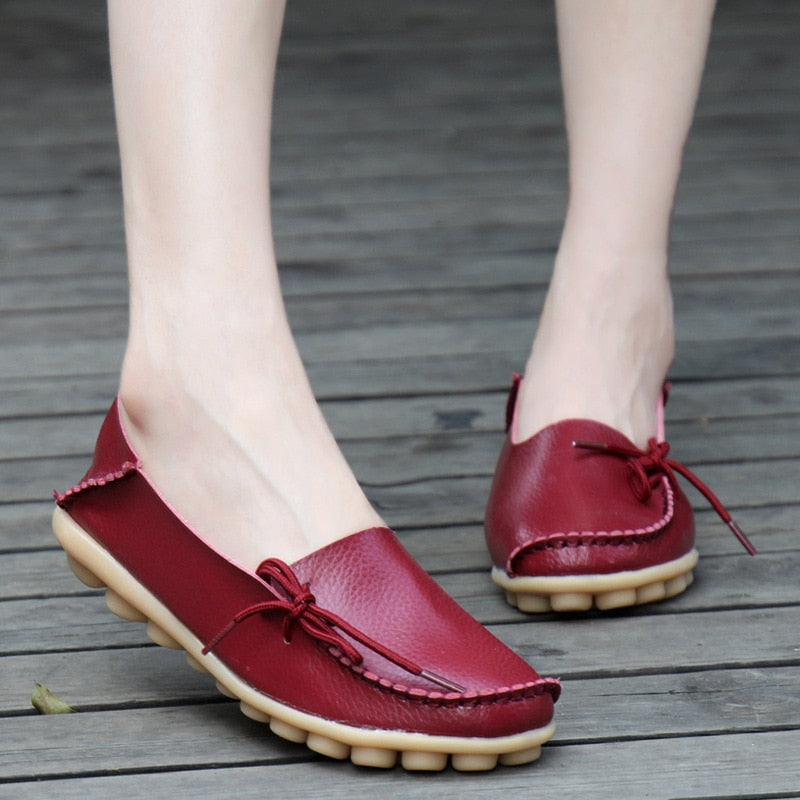 Flats Shoes Loafers Leather Female Slip on Ballet Bowtie Low-top