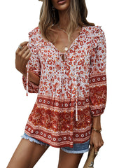 Casual Boho V Neck Top Loose Floral Printed Long Sleeve Beach Shirts Blouses