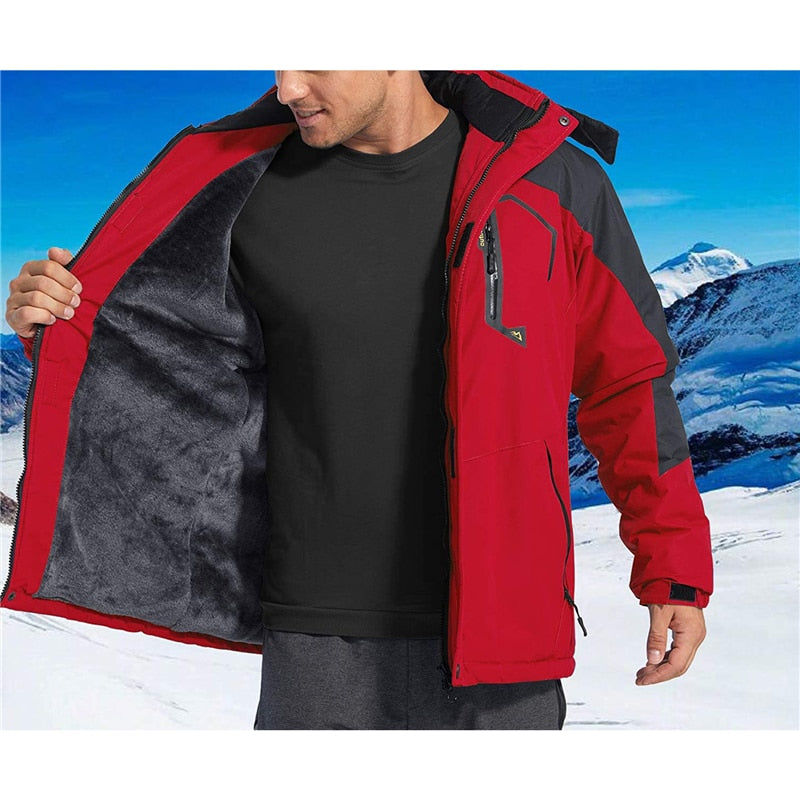 Men Windproof Jacket Winter Warm Fleece Lined Sports Coat with Hood