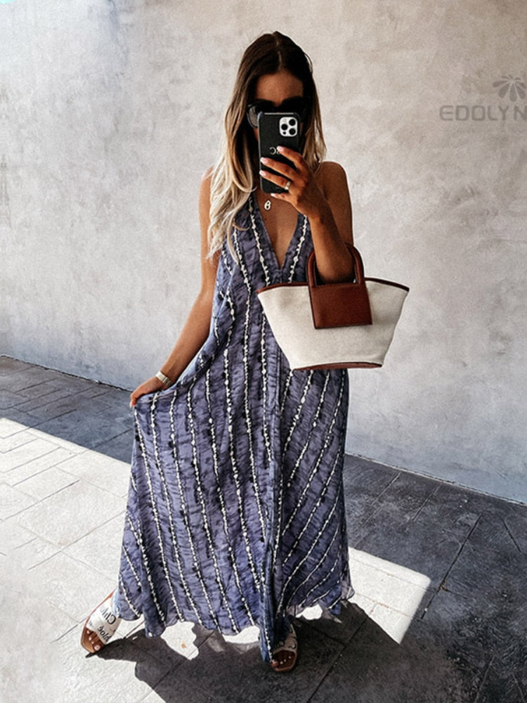 Striped V-Neck Sleeveless Backless Maxi Dress