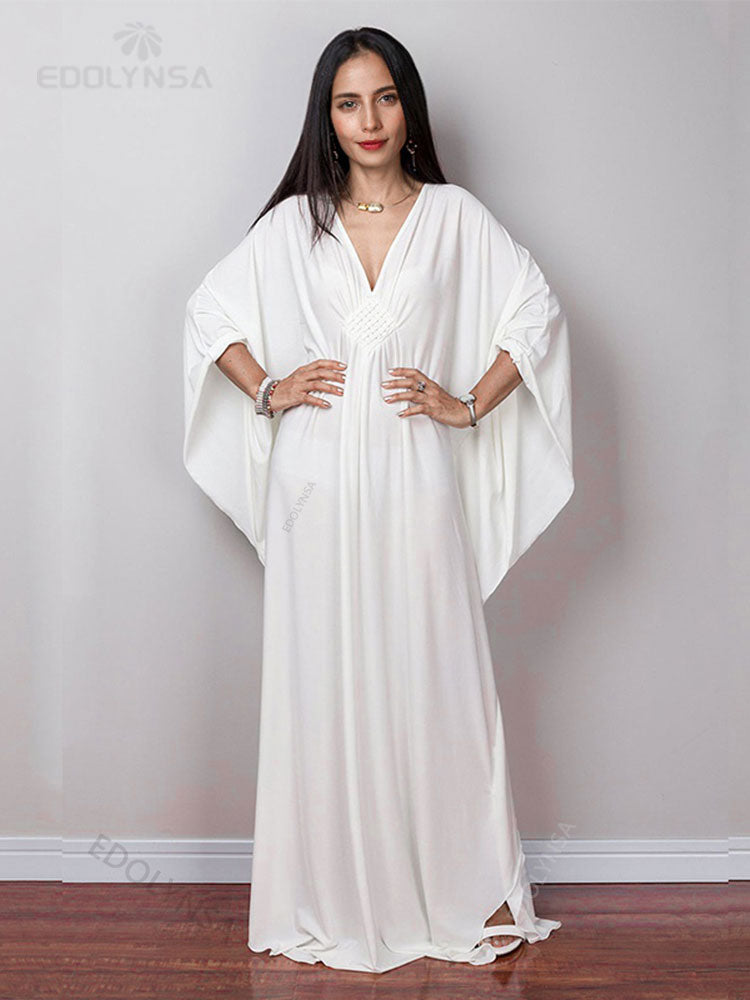 Solid V-neck Batwing Sleeve Plus Size Loose Maxi Dress