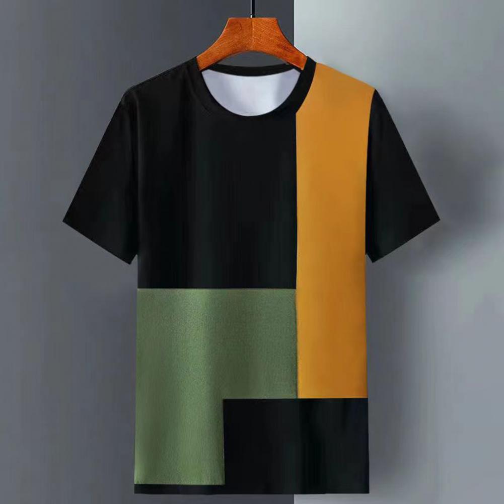 Men T-shirt Colorblock Round Neck Short Sleeves Top Soft Loose Top