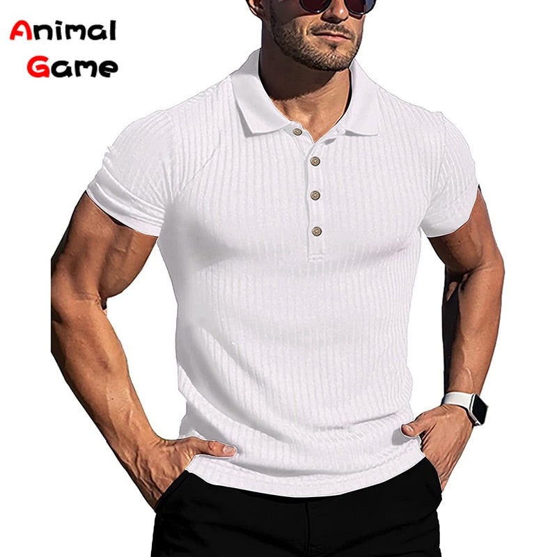 Turn-Down Collar Men Button T-shirt Short Sleeved Stripe Fitness Yoga Top