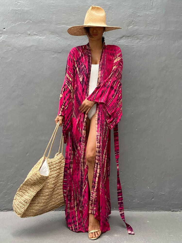 Blue Bohemian Tie dye Striped Bikini Cover-ups Long Tunic