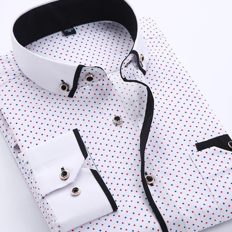 Men Shirt Long Sleeve Slim Fit Button Down Collar Printed Business Shirts