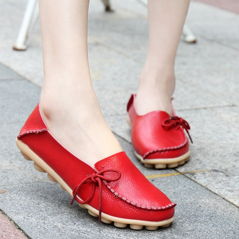 Flats Shoes Loafers Leather Female Slip on Ballet Bowtie Low-top