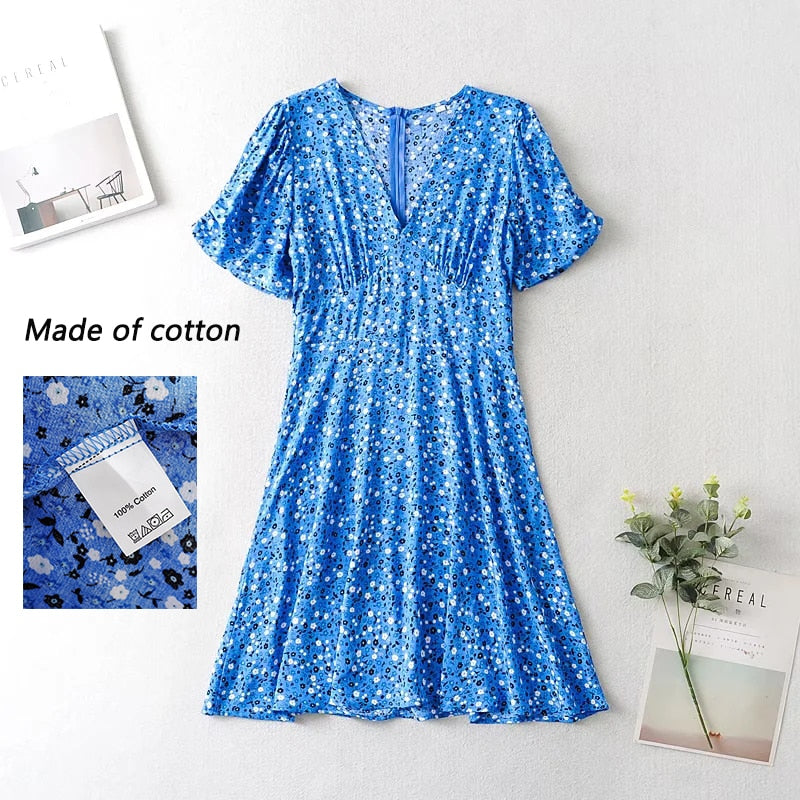 Blue Floral Print Beach Dress Short Sleeve Dress Boho