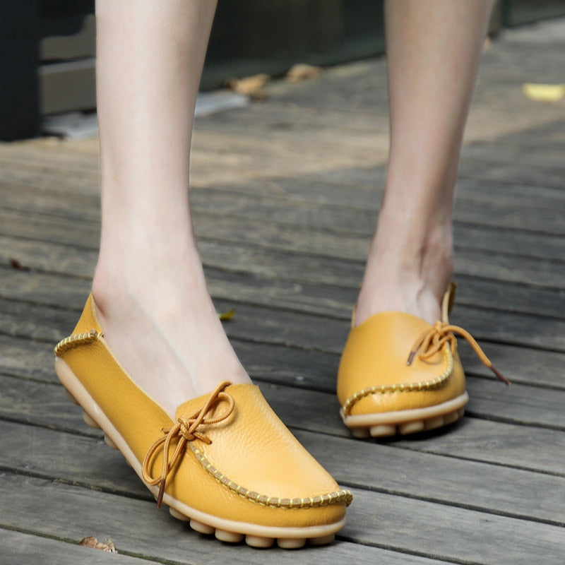 Flats Shoes Loafers Leather Female Slip on Ballet Bowtie Low-top