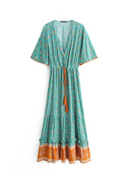 Vintage Chic Floral Print V-neck Rayon Bohemian Maxi Dress