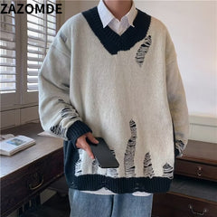 Men Hip Hop Streetwear Hole Sweater Knitted Pullovers Ripped Sweater