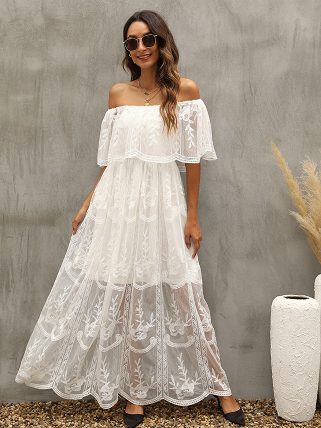 Boho Women Maxi Dress Loose Embroidery White Lace long