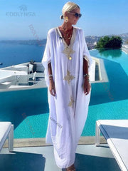 Elegant Gold Embroidered Kaftan Retro V-neck White Dress