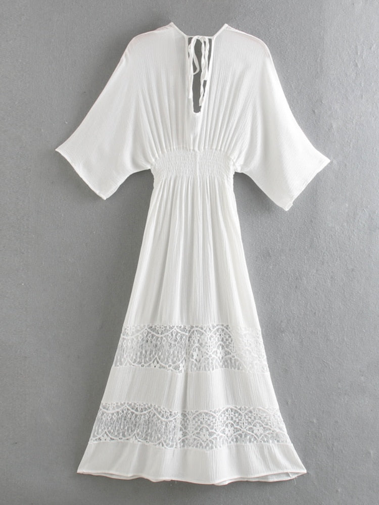 Vintage Chic White Lace Patchwork Beach Bohemian Maxi Dresses