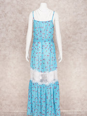 Sea Blue Boho Print Bikini Cover-ups Sexy Straped Ruffled Patchwork