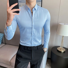 Long Sleeve Men Shirts Simple Business Formal Wear Slim Fit Casual Office Blouse