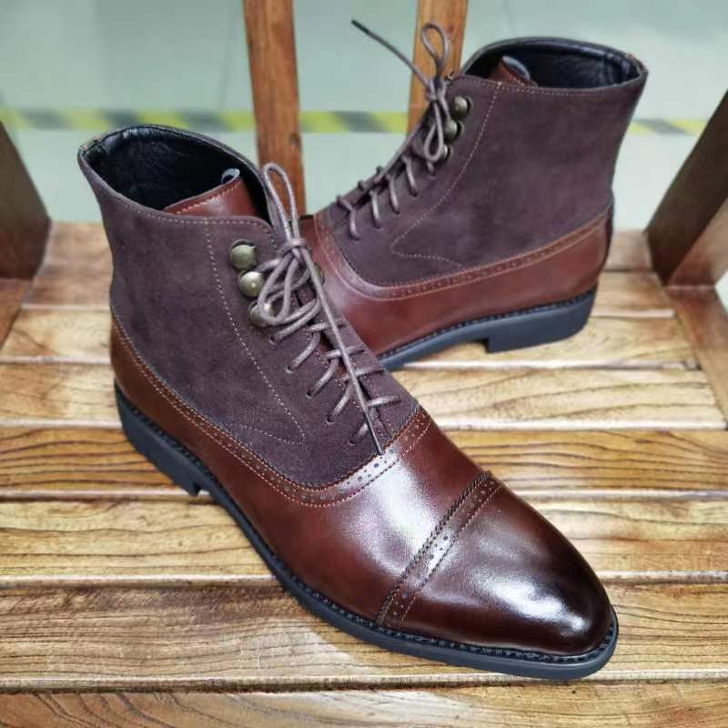 Men Short Boots Bullock Flock Lace-up Square Toe Handmade Business Shoes