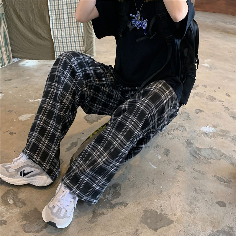 Plaid Pants Men Casual Straight Trousers Hip-hop Pants