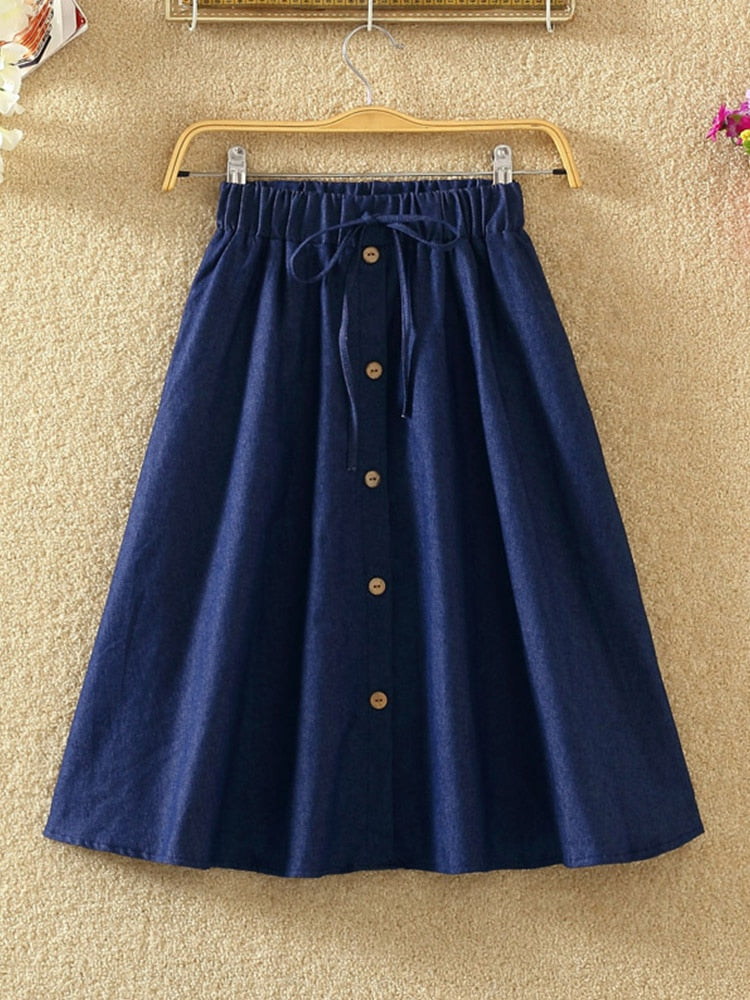 Knee Lenth Denim Skirt WomenStriped High Waist