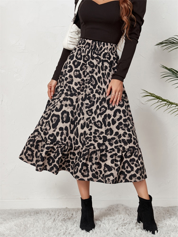 High Waist Leopard Midi Skirt For Women Casual Boho Printed Long Tulle Skirt