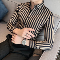 Shirts Men Dress Vertical Stripe Streetwear Slim Shirt Casual Long Sleeve Shirt