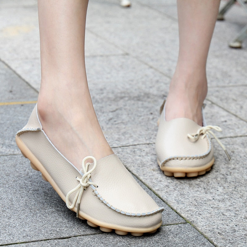 Flats Shoes Loafers Leather Female Slip on Ballet Bowtie Low-top