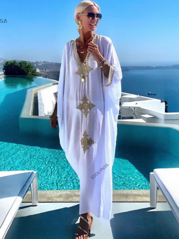 Elegant Gold Embroidered Kaftan Retro V-neck White Dress