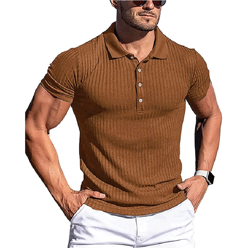 Turn-Down Collar Men Button T-shirt Short Sleeved Stripe Fitness Yoga Top