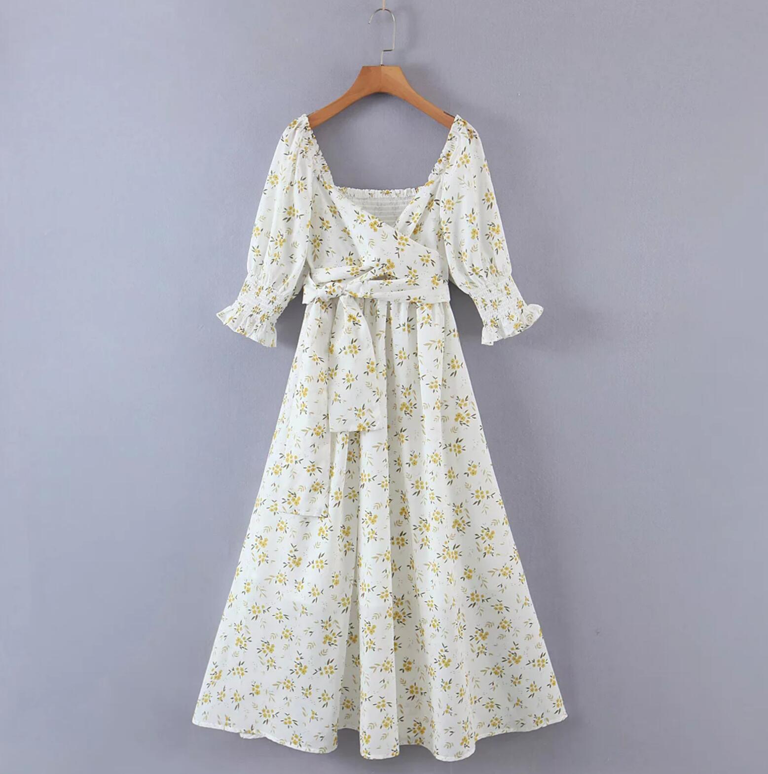 Retro Leaves Floral Print Cross Bandage Tie Bow Front Swing Dress