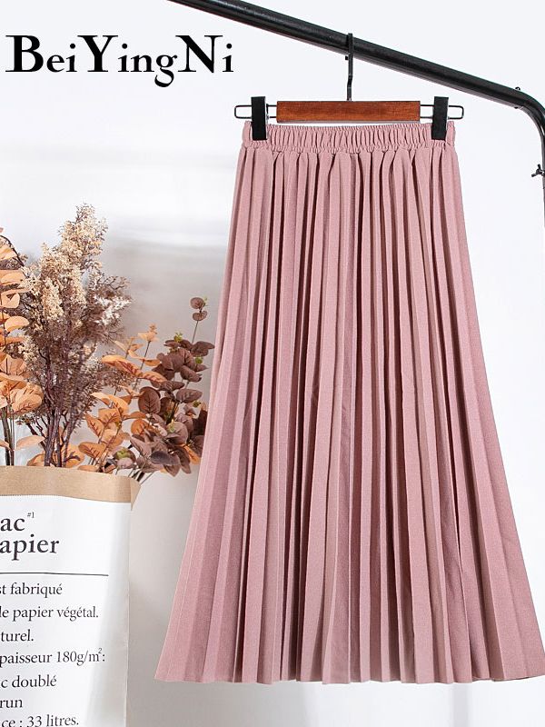 High Waist Women Skirt Casual Vintage Solid Belted Pleated Midi Skirts