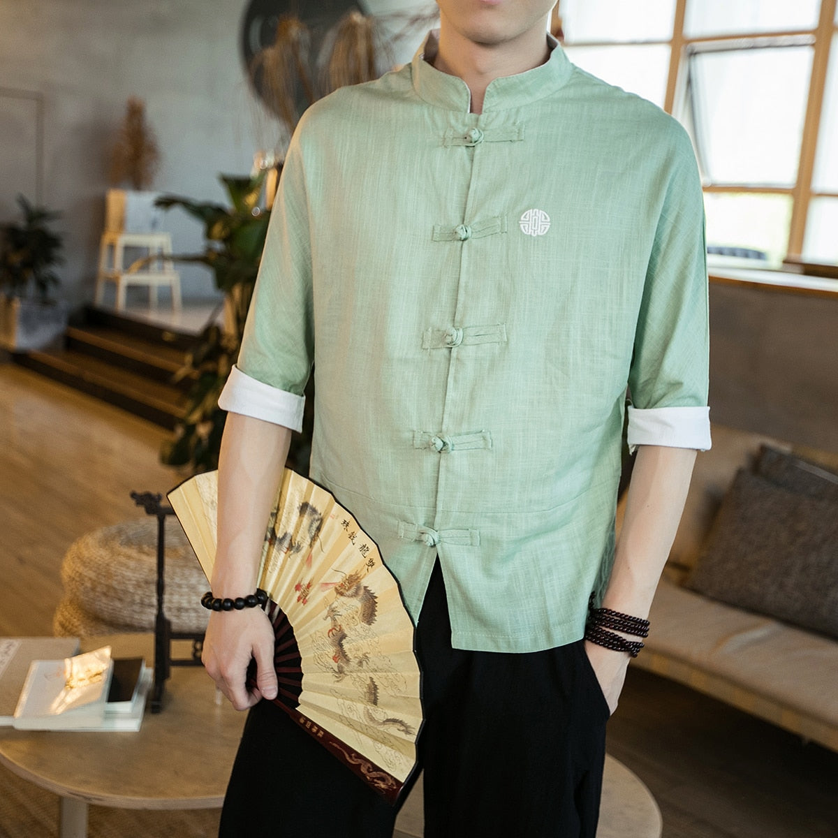 Chinese Style Mens Tops Tang Suit Linen Half Sleeve Solid