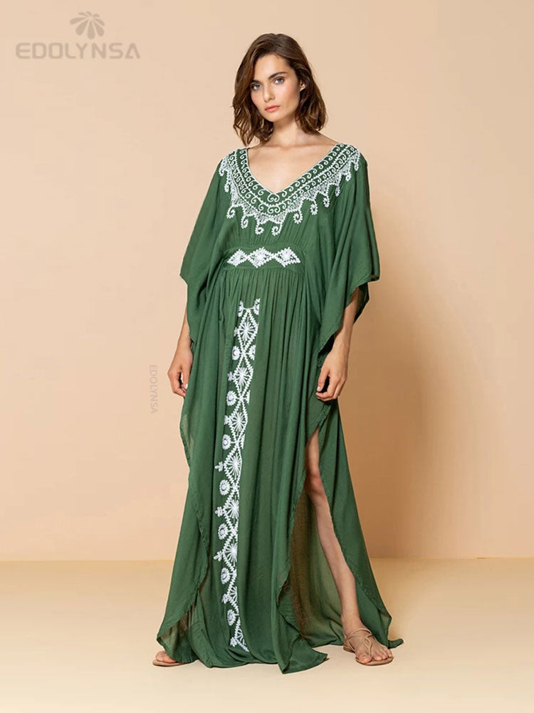 Elegant Gold Embroidered Kaftan Retro V-neck White Dress