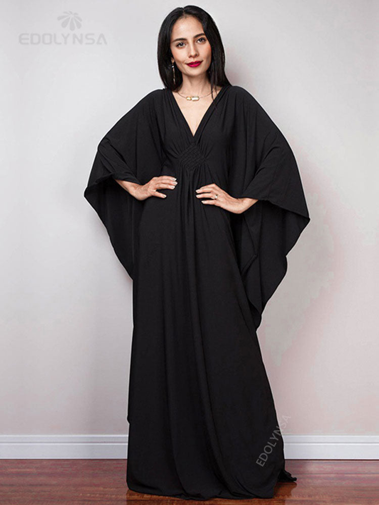 Solid V-neck Batwing Sleeve Plus Size Loose Maxi Dress