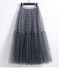 Polka Dot Tulle Skirts Women Casual Elastic High Waist A-line Skirt