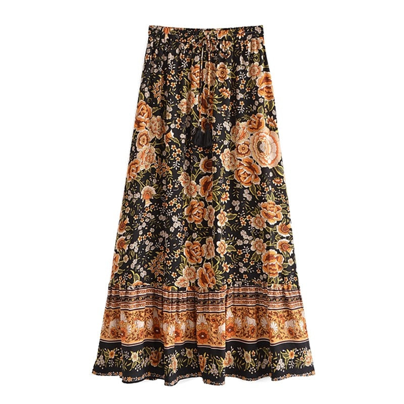 2021 Bohemia Black Orange Floral Print Long Skirt Spliced Ruched Ruffle