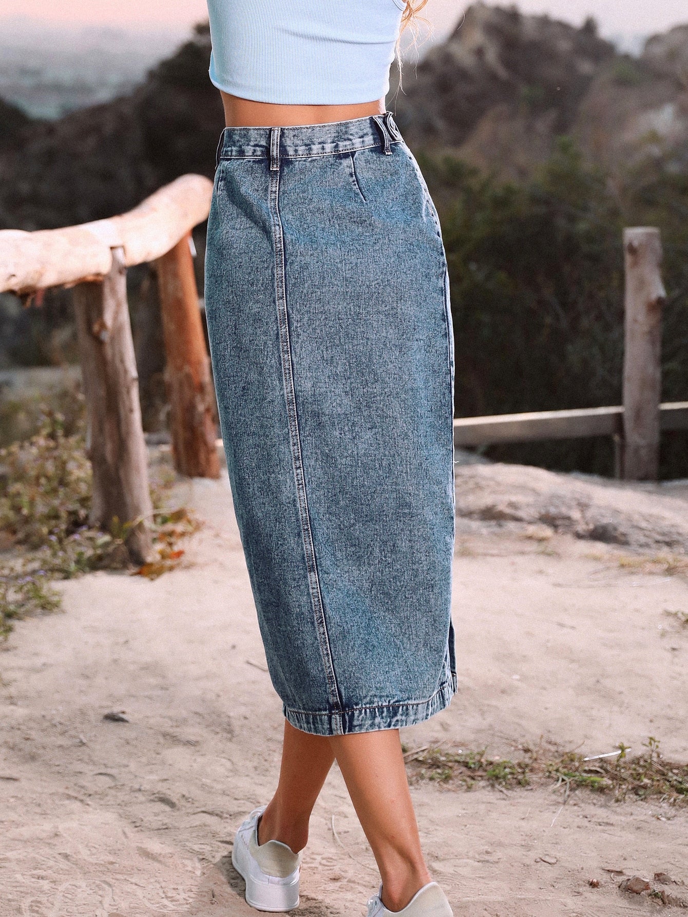 Single Breasted Knee Length Denim Skirt