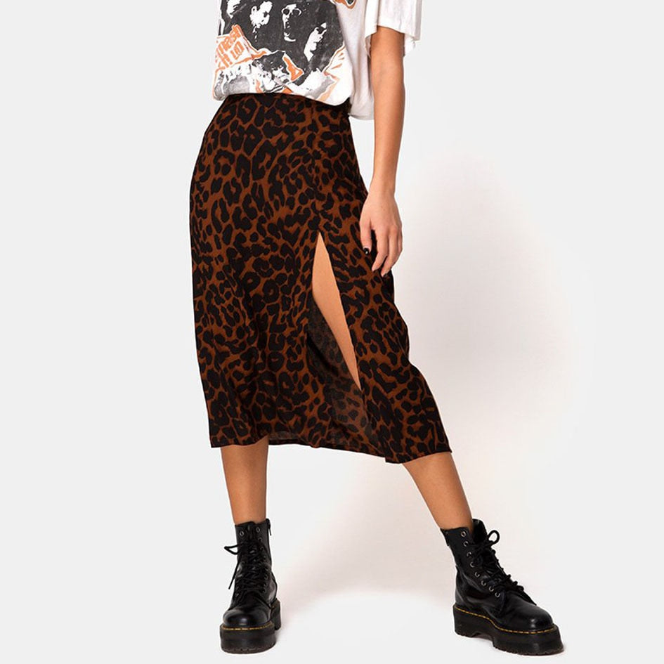 High Waist Split Midi Skirts Elegant Leopard Floral