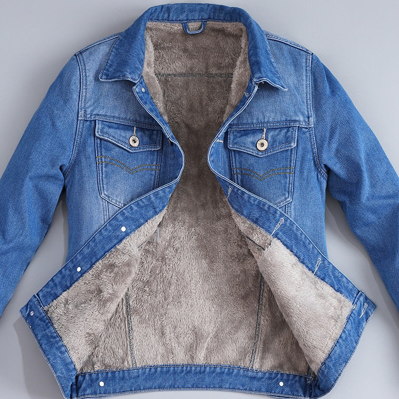 Denim Jacket Thick Warm Lined Fleece Jeans Jackets Blue Slim Jeans Coat Top