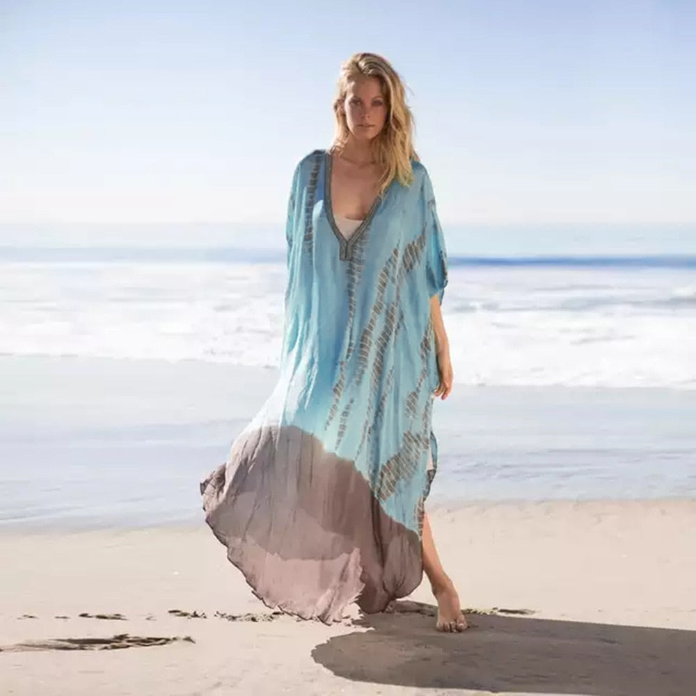 Green Boho Striped Kaftan Plus Size Retro V-neck Maxi Dress