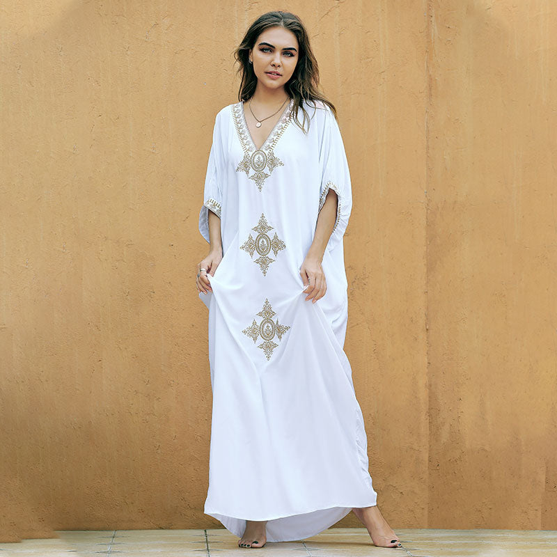 Elegant Gold Embroidered Kaftan Retro V-neck White Dress