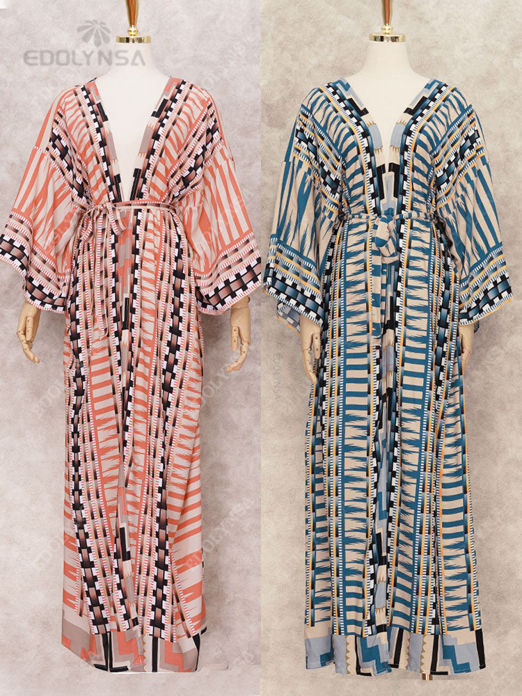 Bohemian Printed Bikini Cover-ups Elegant Self Belted Kimono Dress