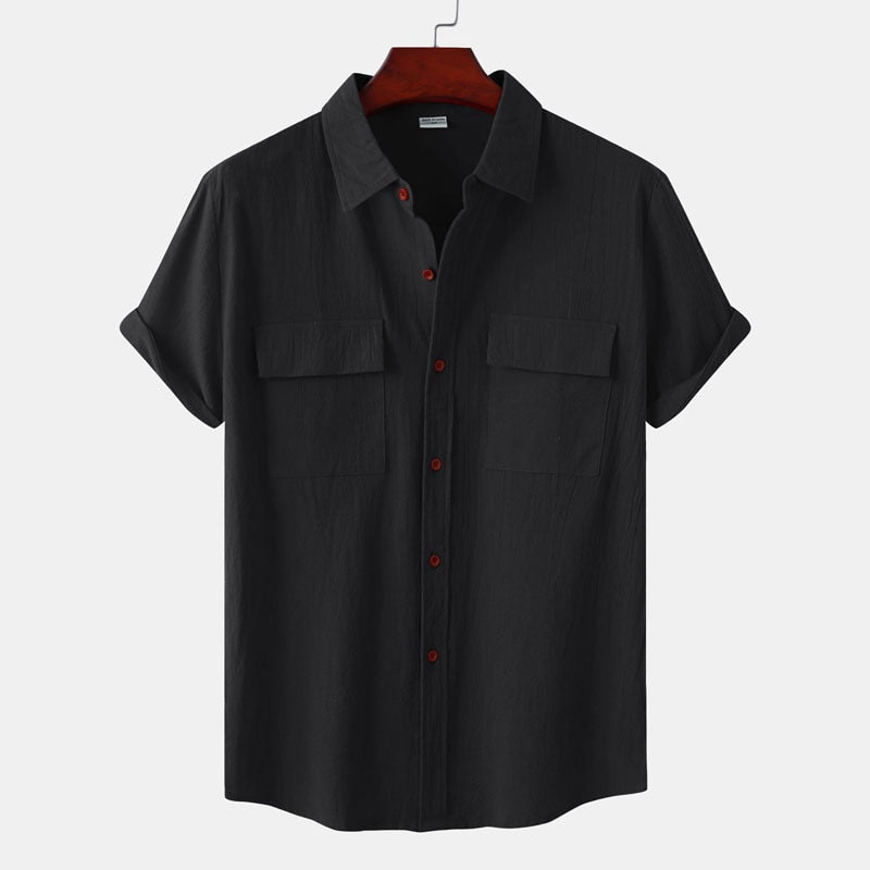 Double Pocket Linen Shirt Men Short Sleeve Button Down Shirts