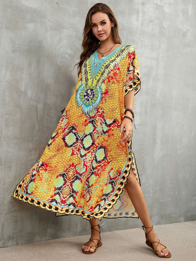 Bohemian Printed Loose Kaftan Casual Summer Vacation Maxi Dress