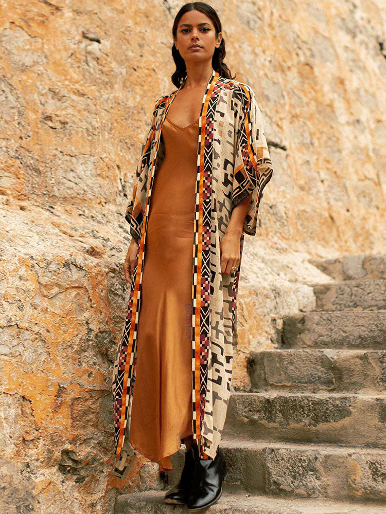 Bohemian Printed Bikini Cover-ups Elegant Self Belted Kimono Dress