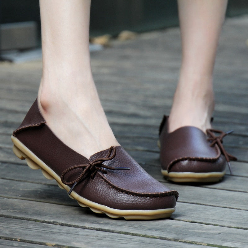 Flats Shoes Loafers Leather Female Slip on Ballet Bowtie Low-top