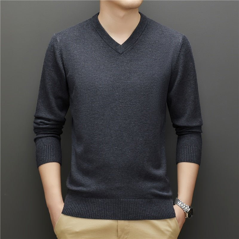 Men V-neck Thick Sweater Business Warm Knit Pullover Classic