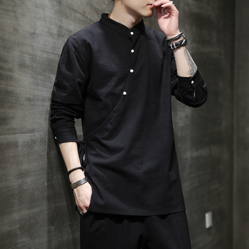 Mens Chinese Style Shirt Linen Tang Suit Stand-Up Collar tops