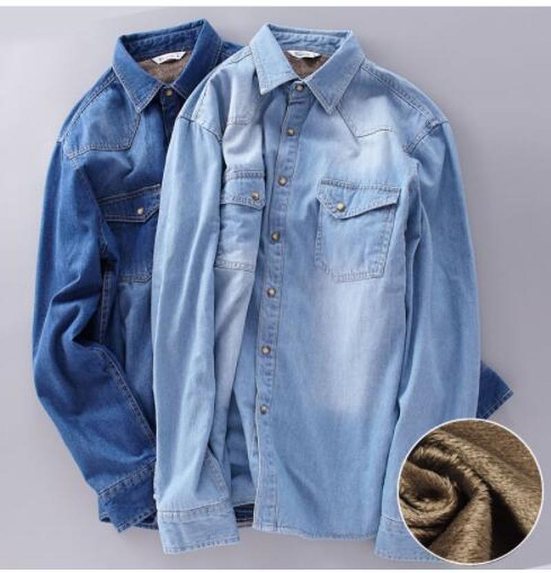 Jeans Dress Shirt Men Fleece Lined Shirts Button Down Bottoming Shirt