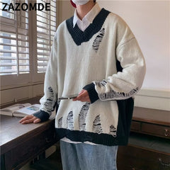 Men Hip Hop Streetwear Hole Sweater Knitted Pullovers Ripped Sweater